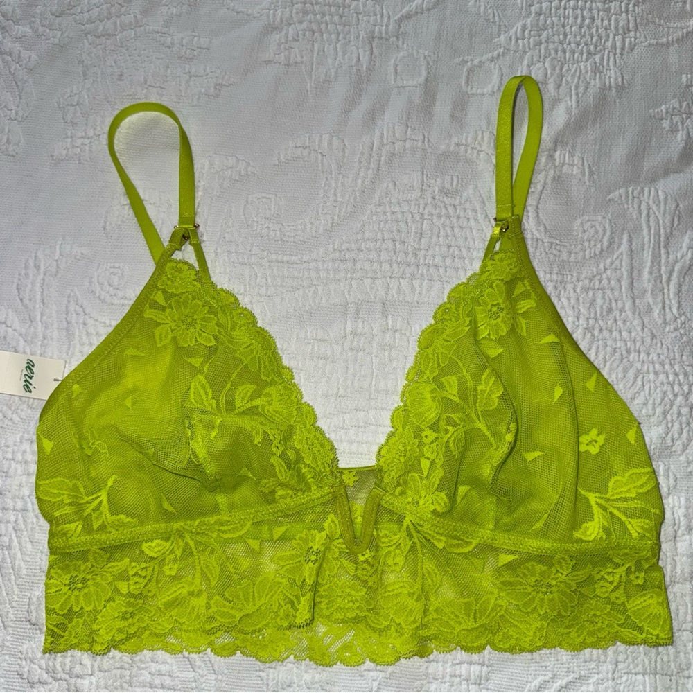 Aerie Bralette Bra Unlined Plunge Crop Bright Green Floral Lace Mesh Size Large
